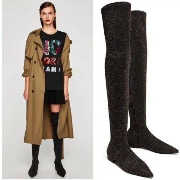 ZARA 7.5 Point toe Black Multicolored Metallic Over the Knee Boot Thigh High - Picture 1 of 15